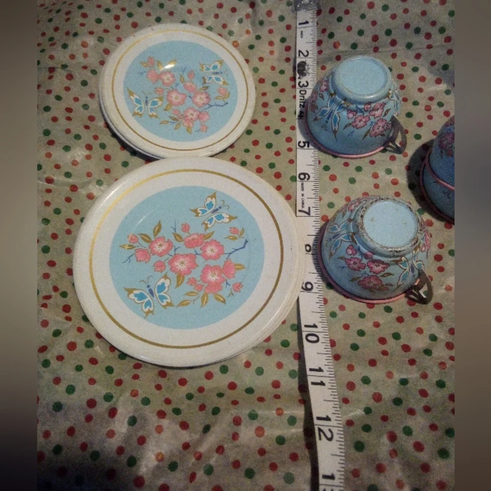 Vintage Metal Toy Dishes Dollhouse Pink Flower Butterfly